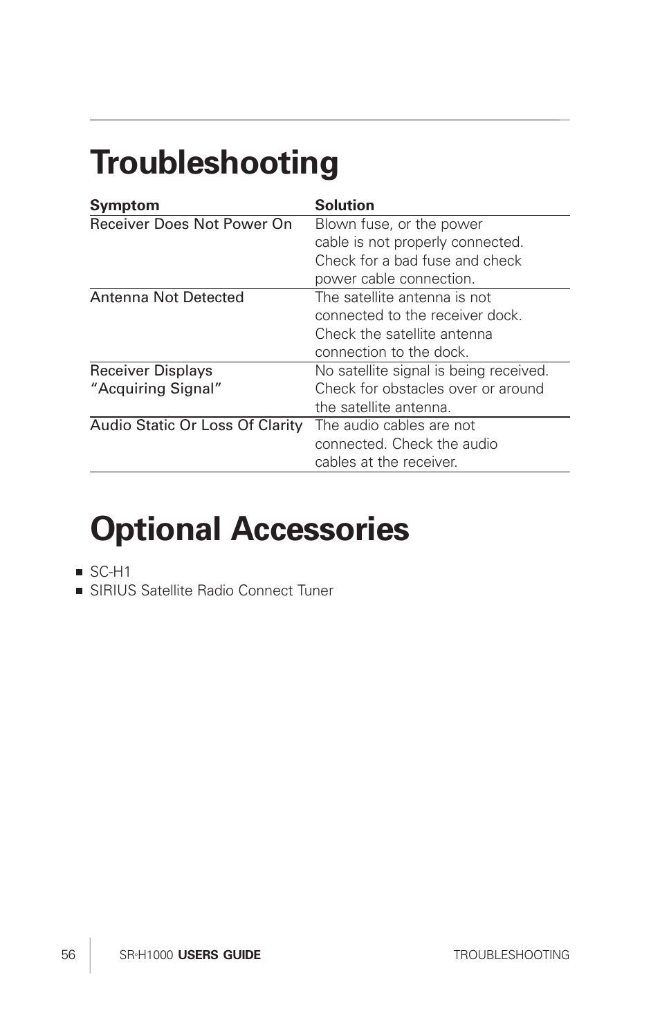 Troubleshooting, Optional accessories | Polk Audio Sirius Satellite Radio Tuner SRH1000 User Manual | Page 56 / 60
