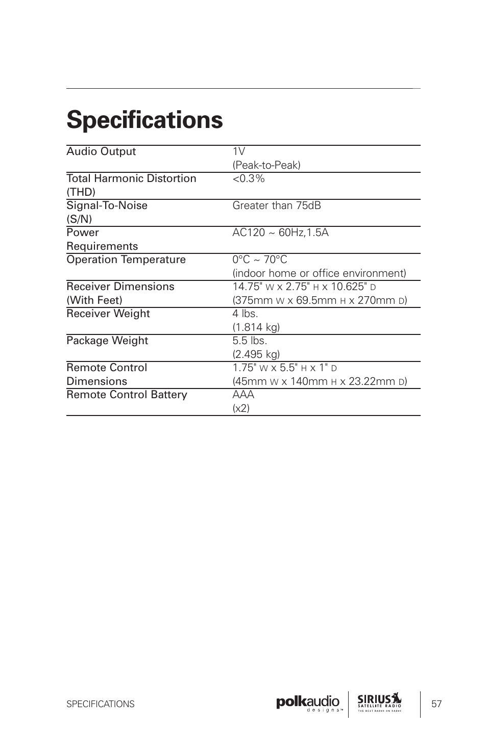 Specifications | Polk Audio Sirius Satellite Radio Tuner SRH1000 User Manual | Page 57 / 60
