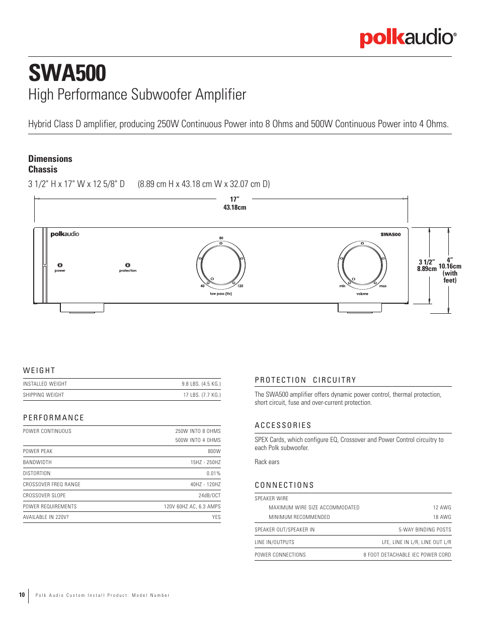 Swa500, High performance subwoofer amplifier | Polk Audio CSW155 User Manual | Page 10 / 11