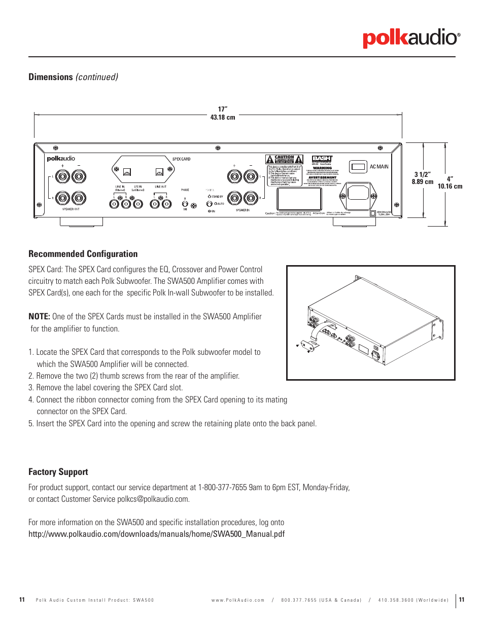 Recommended configuration, Factory support, Dimensions (continued) | Polk Audio CSW155 User Manual | Page 11 / 11