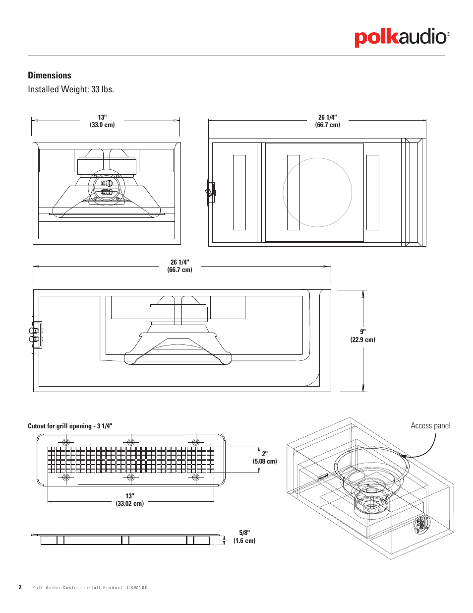 Dimensions installed weight: 33 lbs | Polk Audio CSW155 User Manual | Page 2 / 11