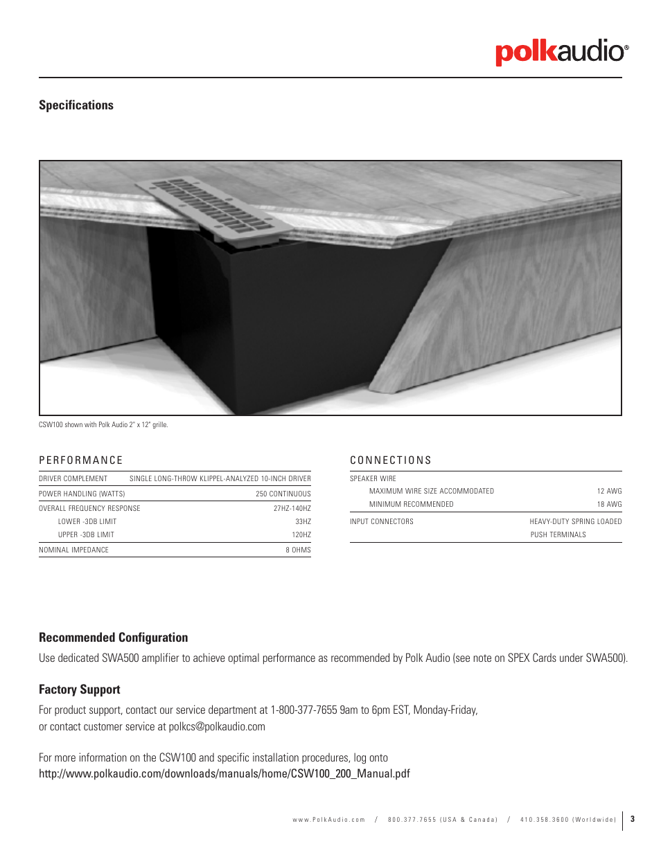Recommended configuration, Factory support, Specifications | Polk Audio CSW155 User Manual | Page 3 / 11