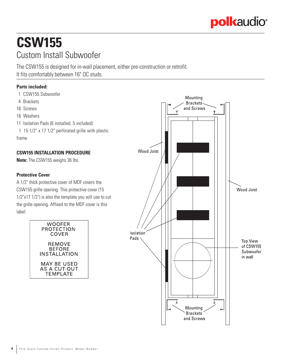 Csw155, Custom install subwoofer | Polk Audio CSW155 User Manual | Page 4 / 11