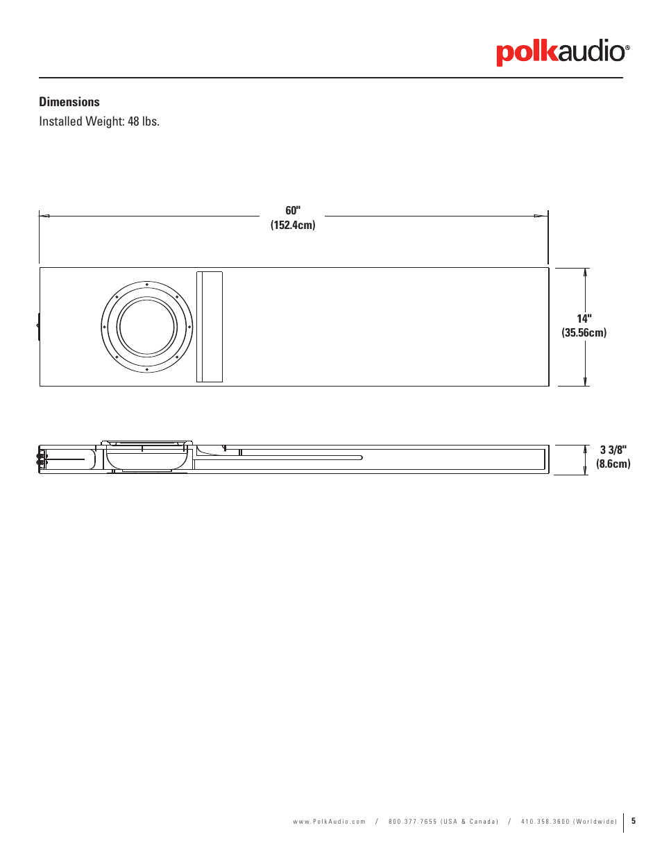 Dimensions installed weight: 48 lbs | Polk Audio CSW155 User Manual | Page 5 / 11