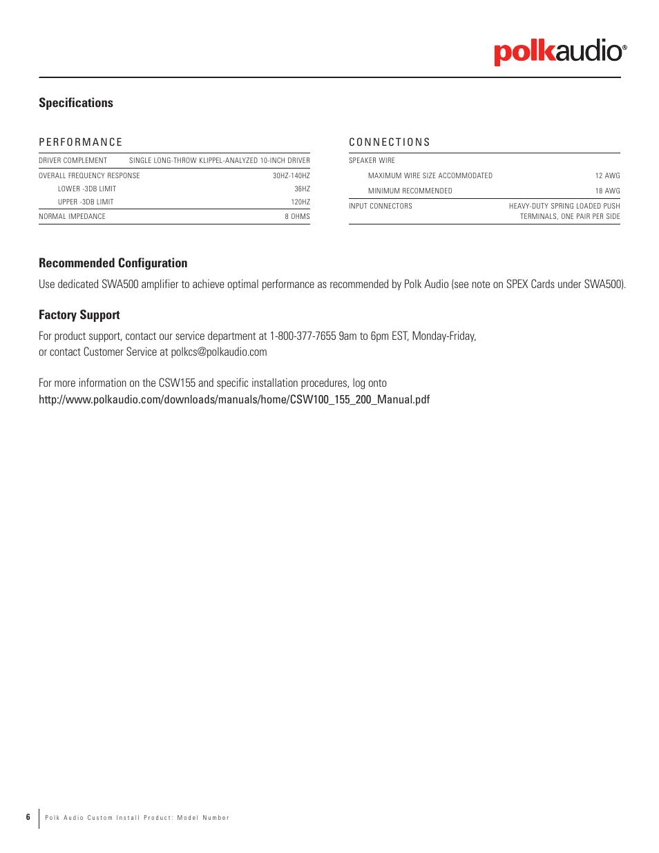 Recommended configuration, Factory support, Specifications | Polk Audio CSW155 User Manual | Page 6 / 11