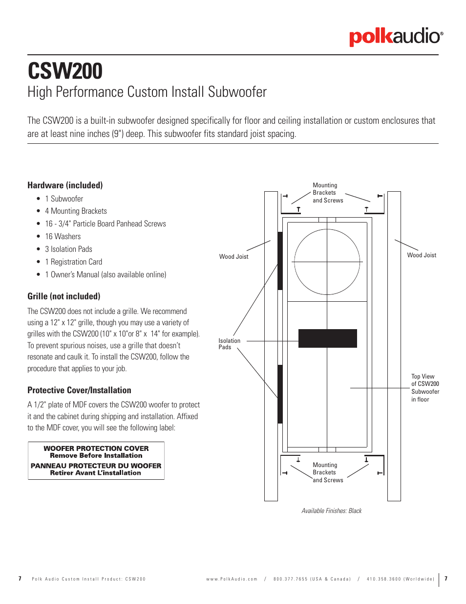 Csw200, High performance custom install subwoofer | Polk Audio CSW155 User Manual | Page 7 / 11