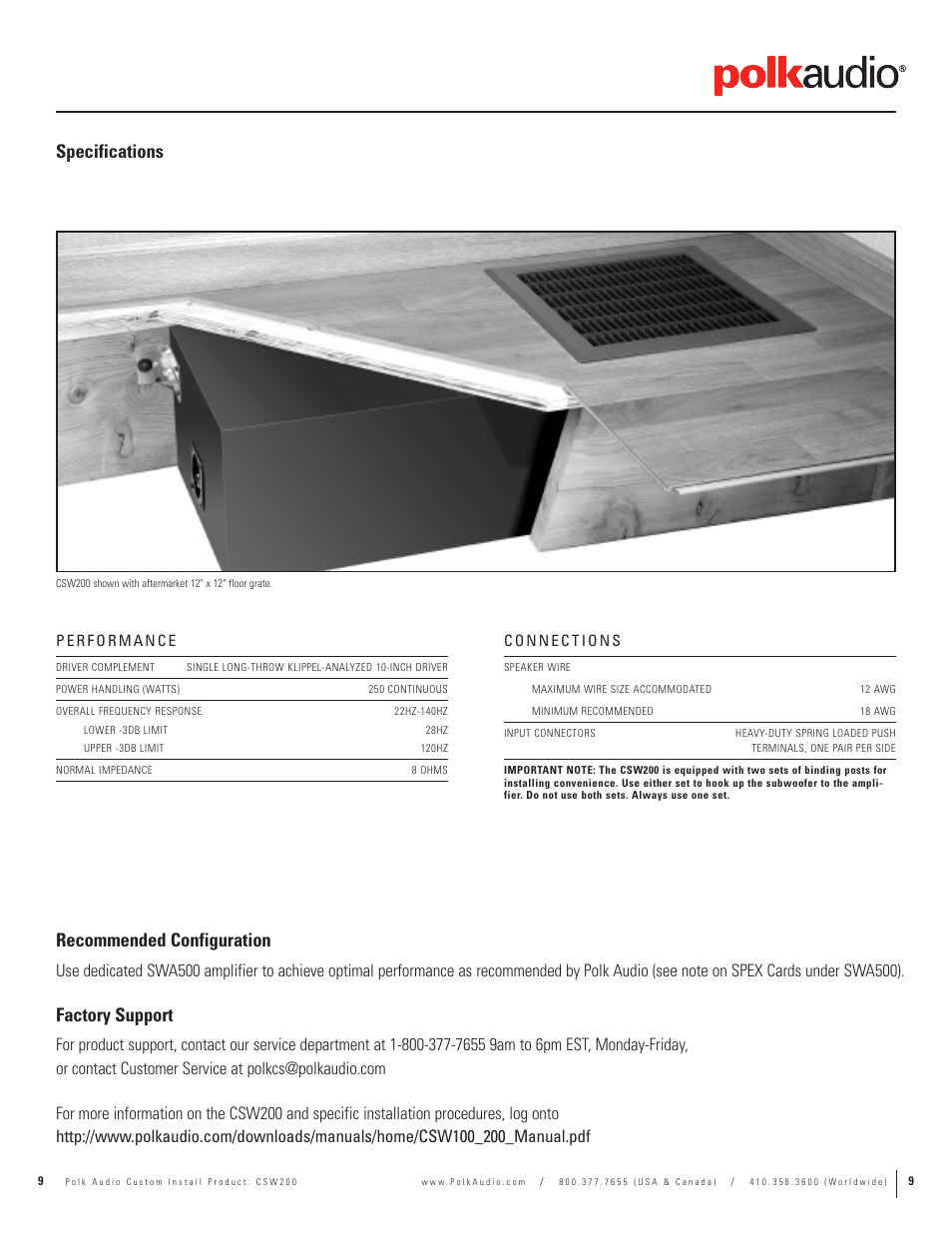 Recommended configuration, Factory support, Specifications | Polk Audio CSW155 User Manual | Page 9 / 11