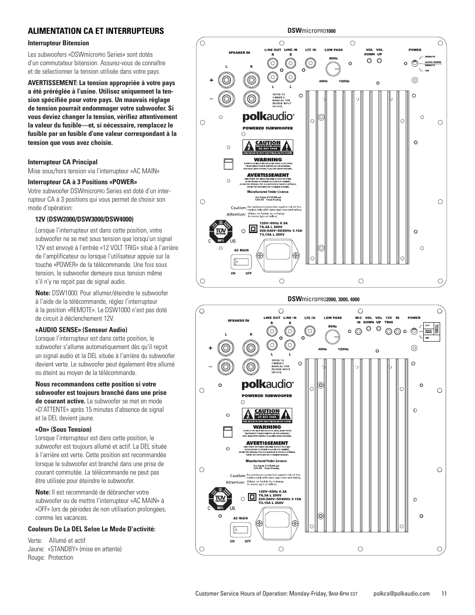 Alimentation ca et interrupteurs | Polk Audio DSWmicroPRO1000 User Manual | Page 11 / 41
