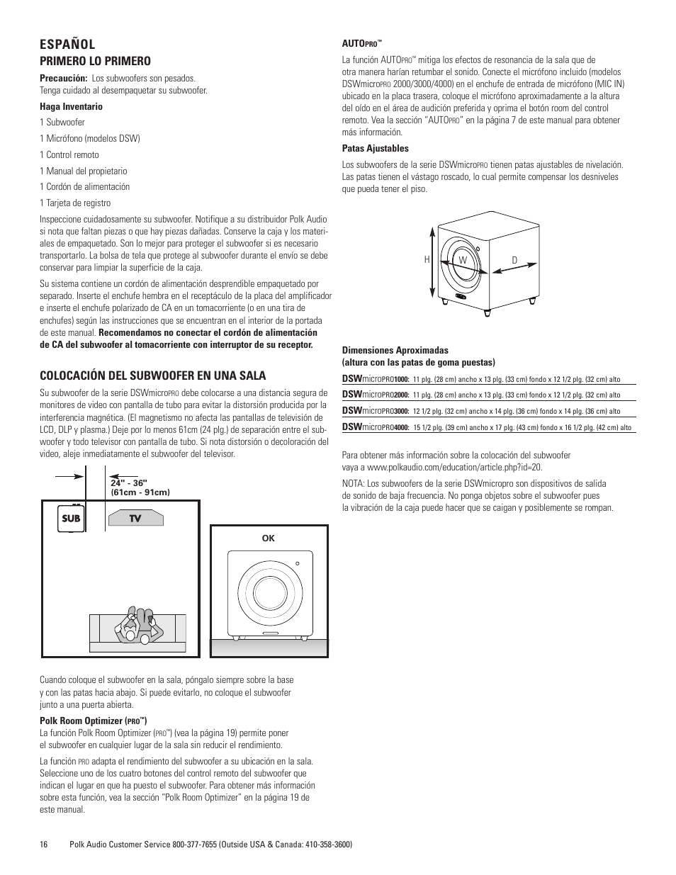 Español, Primero lo primero, Colocación del subwoofer en una sala | Polk Audio DSWmicroPRO1000 User Manual | Page 16 / 41