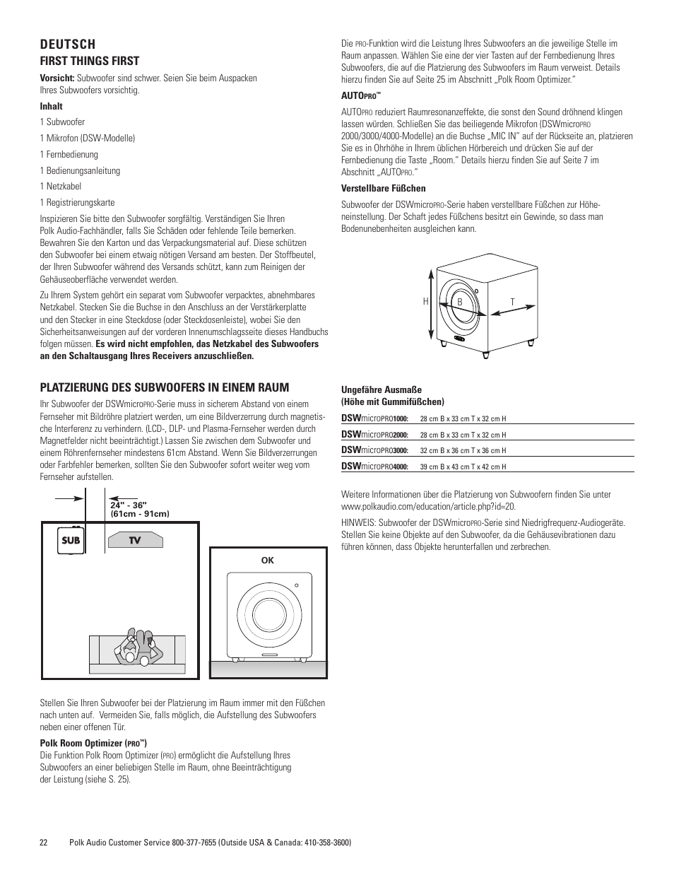 Deutsch, First things first, Platzierung des subwoofers in einem raum | Polk Audio DSWmicroPRO1000 User Manual | Page 22 / 41