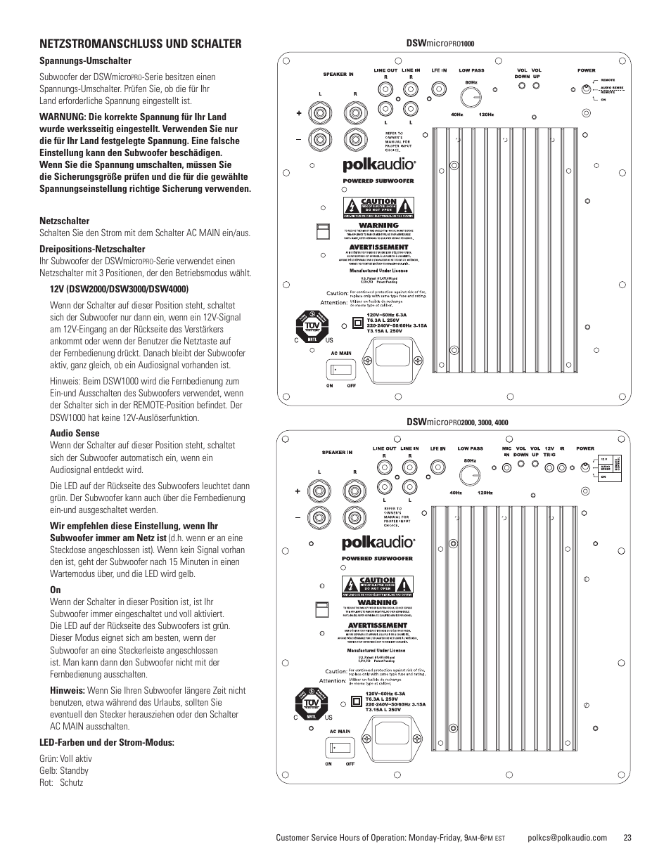 Netzstromanschluss und schalter | Polk Audio DSWmicroPRO1000 User Manual | Page 23 / 41