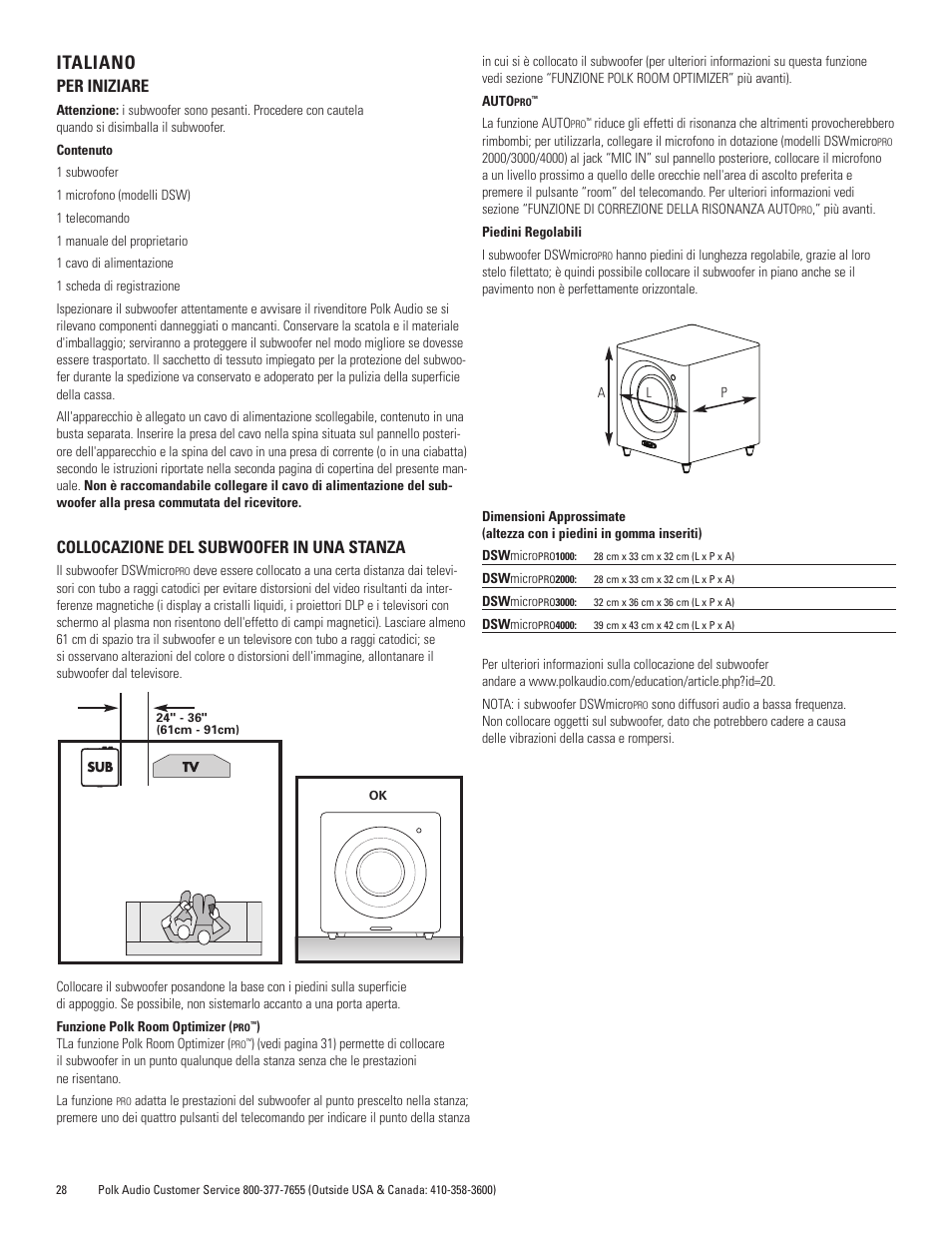 Italiano, Per iniziare, Collocazione del subwoofer in una stanza | Polk Audio DSWmicroPRO1000 User Manual | Page 28 / 41