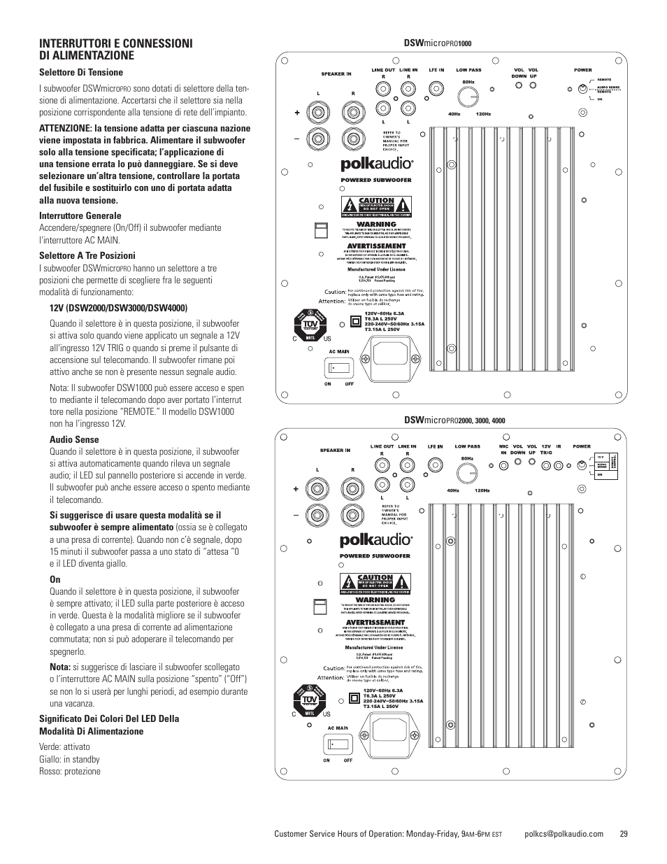 Interruttori e connessioni di alimentazione | Polk Audio DSWmicroPRO1000 User Manual | Page 29 / 41