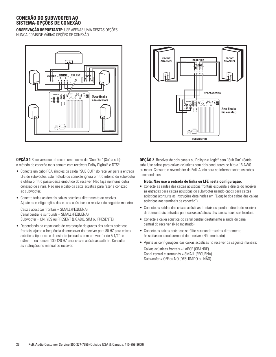 Conexão do subwoofer ao sistema-opções de conexão | Polk Audio DSWmicroPRO1000 User Manual | Page 36 / 41