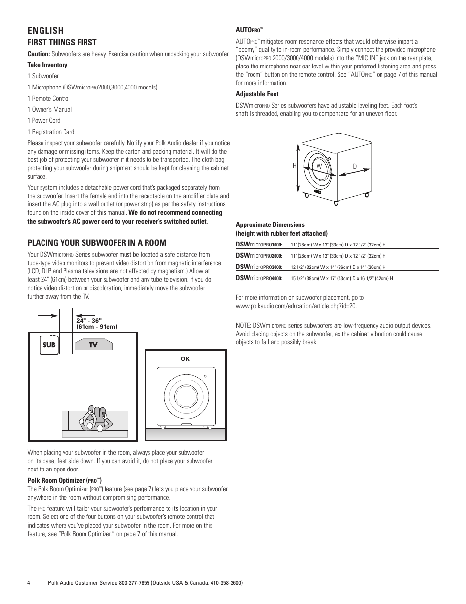 English, First things first, Placing your subwoofer in a room | Polk Audio DSWmicroPRO1000 User Manual | Page 4 / 41