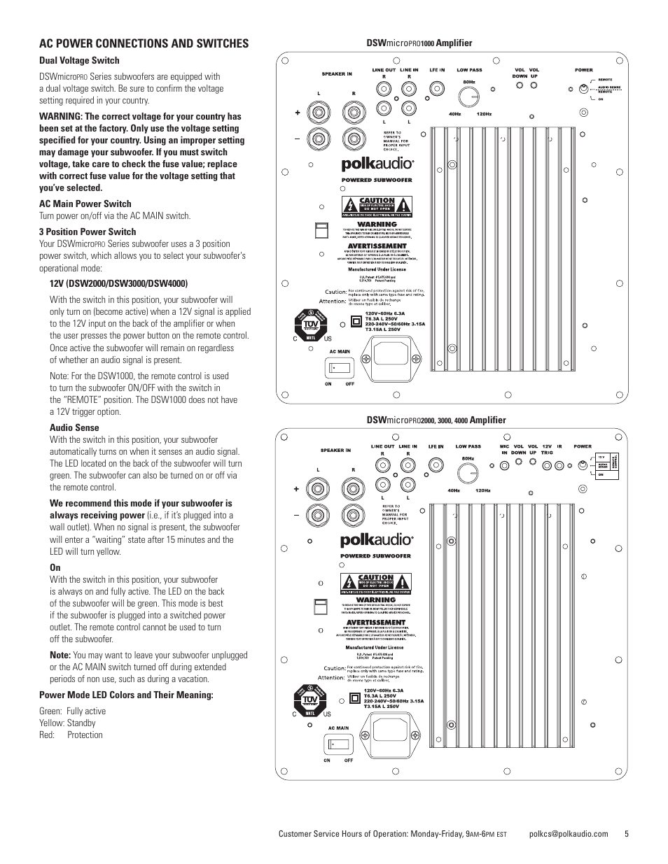 Ac power connections and switches | Polk Audio DSWmicroPRO1000 User Manual | Page 5 / 41
