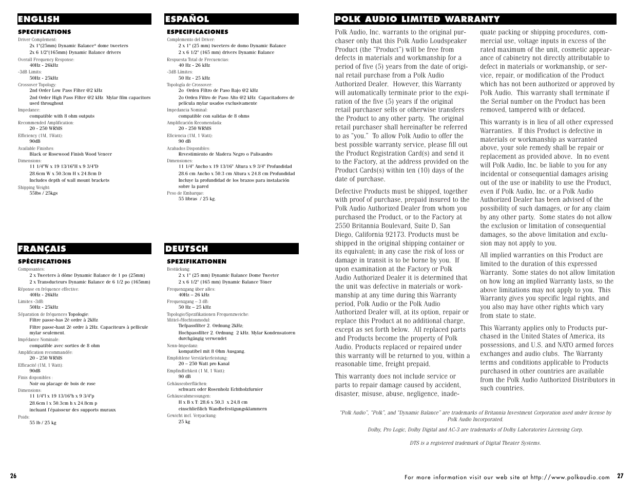Polk audio limited warranty, English español, Français deutsch | Polk Audio f/x1000 User Manual | Page 14 / 14