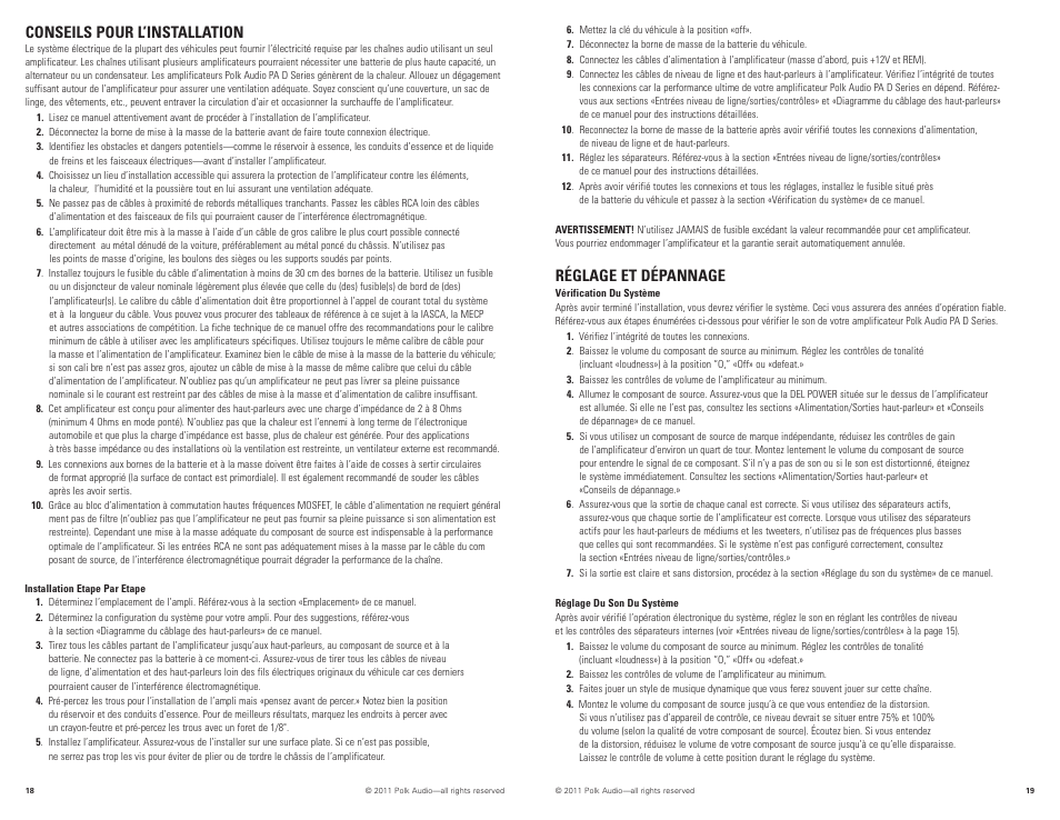 Réglage et dépannage, Conseils pour l’installation | Polk Audio PAD2000.2 User Manual | Page 10 / 32