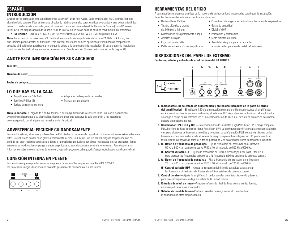Herramientas del oficio, Disposiciones del panel de extremo, Español introducción | Lo que hay en la caja, Advertencia: escuche cuidadosamente, Conexión interna en puente | Polk Audio PAD2000.2 User Manual | Page 13 / 32