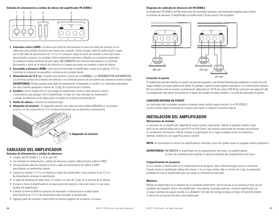Instalación del amplificador, Cableado del amplificador | Polk Audio PAD2000.2 User Manual | Page 14 / 32