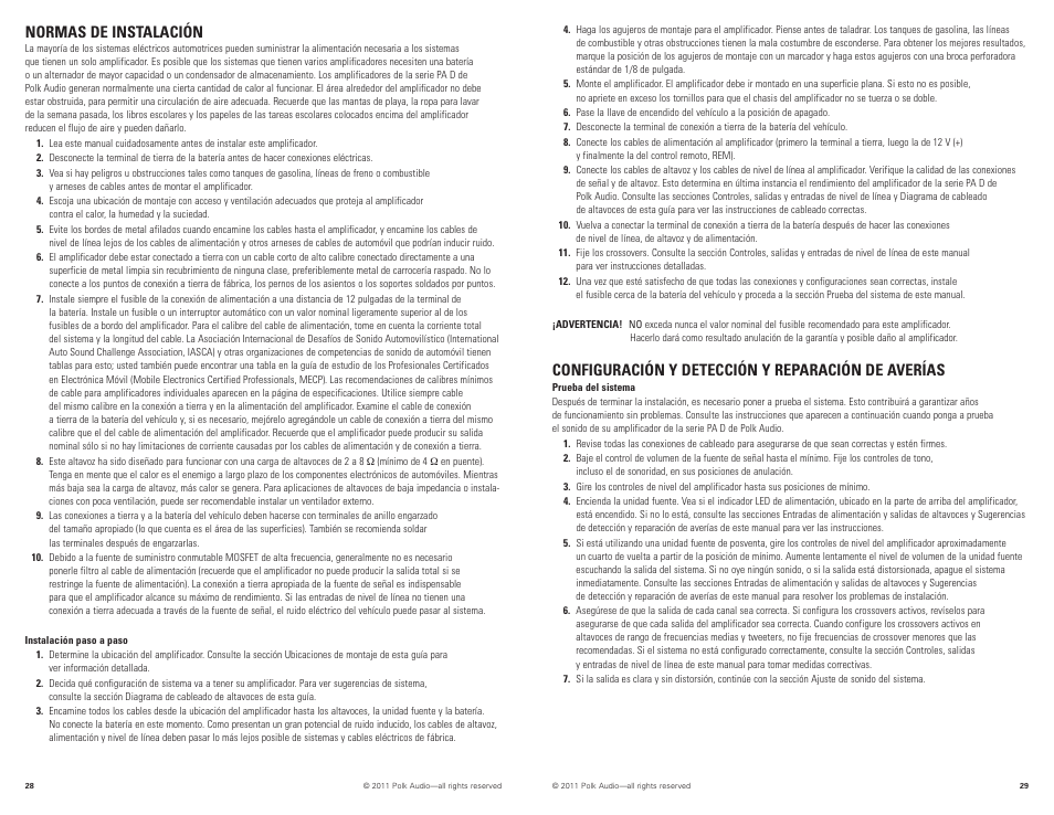 Configuración y detección y reparación de averías, Normas de instalación | Polk Audio PAD2000.2 User Manual | Page 15 / 32