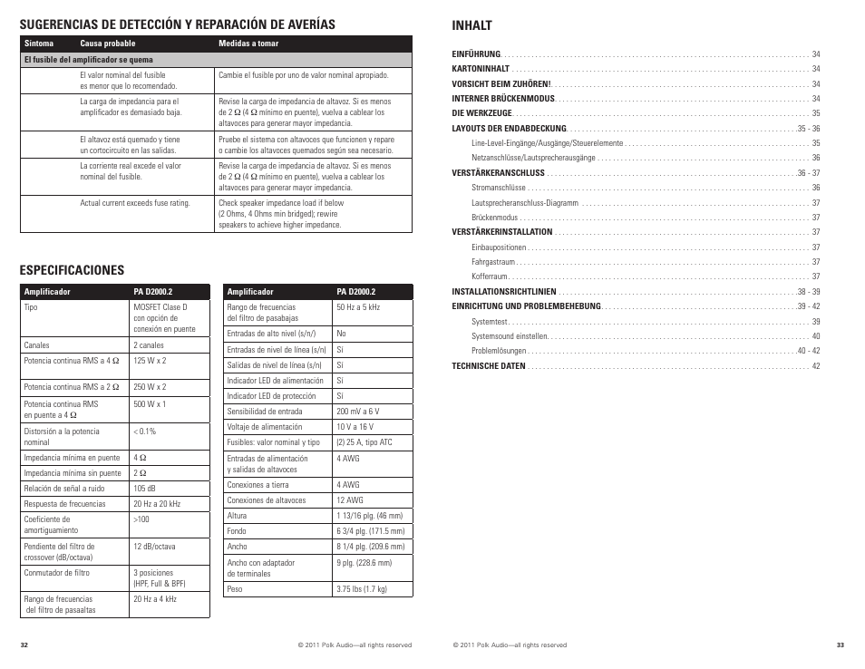Especificaciones, Sugerencias de detección y reparación de averías, Inhalt | Polk Audio PAD2000.2 User Manual | Page 17 / 32