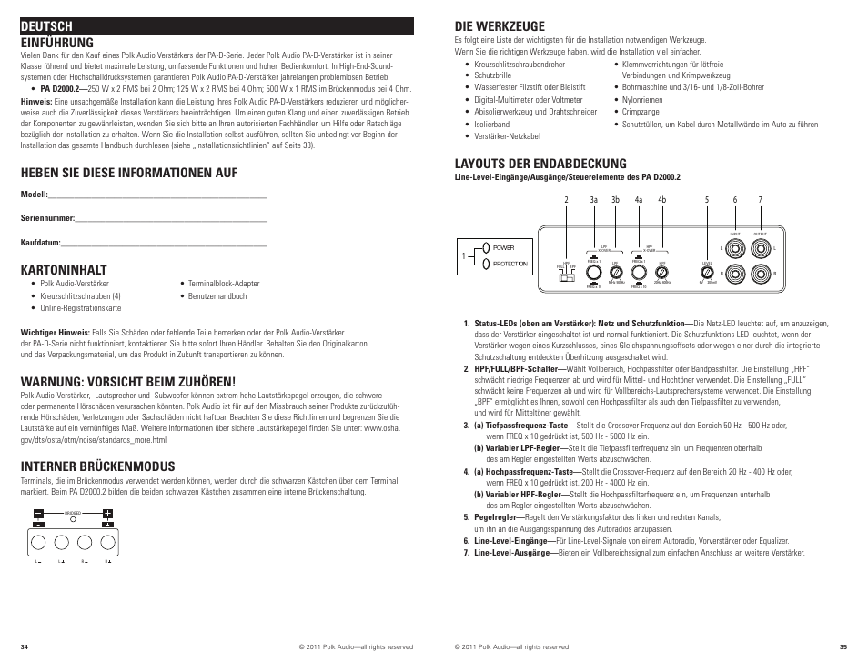 Die werkzeuge, Layouts der endabdeckung, Deutsch einführung | Heben sie diese informationen auf, Kartoninhalt, Warnung: vorsicht beim zuhören, Interner brückenmodus | Polk Audio PAD2000.2 User Manual | Page 18 / 32