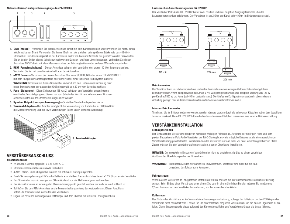Verstärkerinstallation, Verstärkeranschluss | Polk Audio PAD2000.2 User Manual | Page 19 / 32