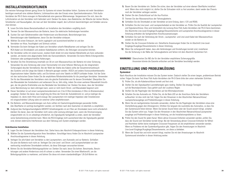 Einstellung und problemlösung, Installationsrichtlinien | Polk Audio PAD2000.2 User Manual | Page 20 / 32