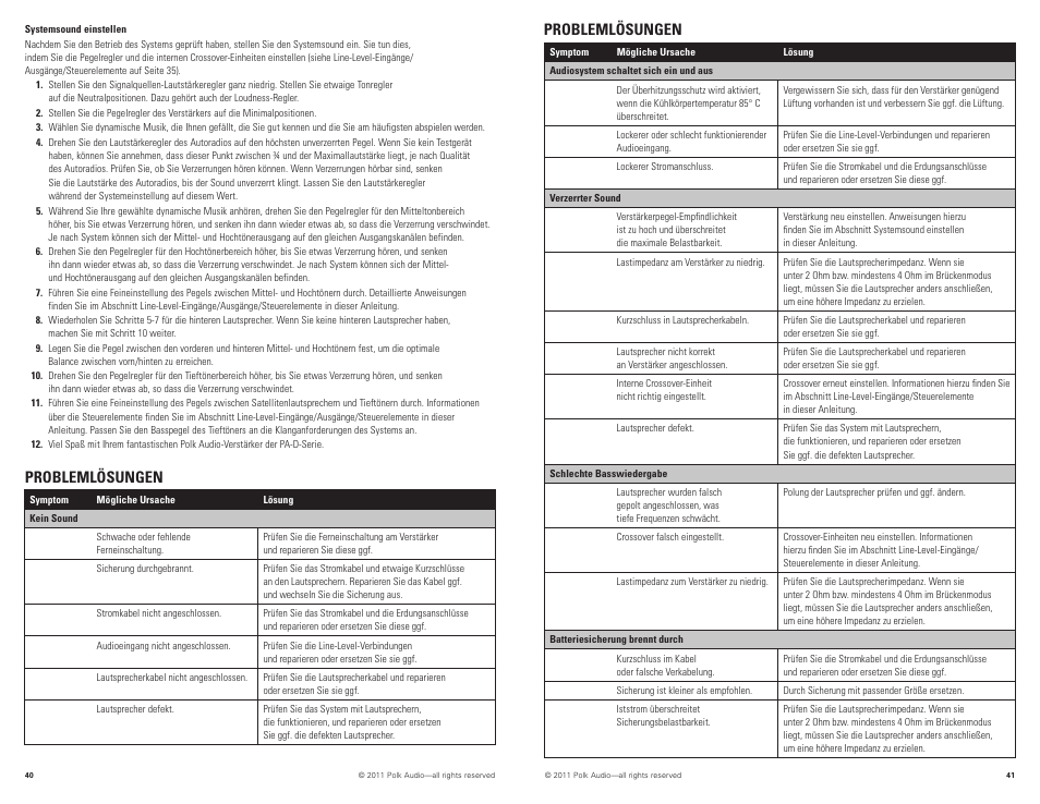 Problemlösungen | Polk Audio PAD2000.2 User Manual | Page 21 / 32