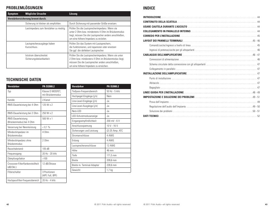 Technische daten, Problemlösungen, Indice | Polk Audio PAD2000.2 User Manual | Page 22 / 32