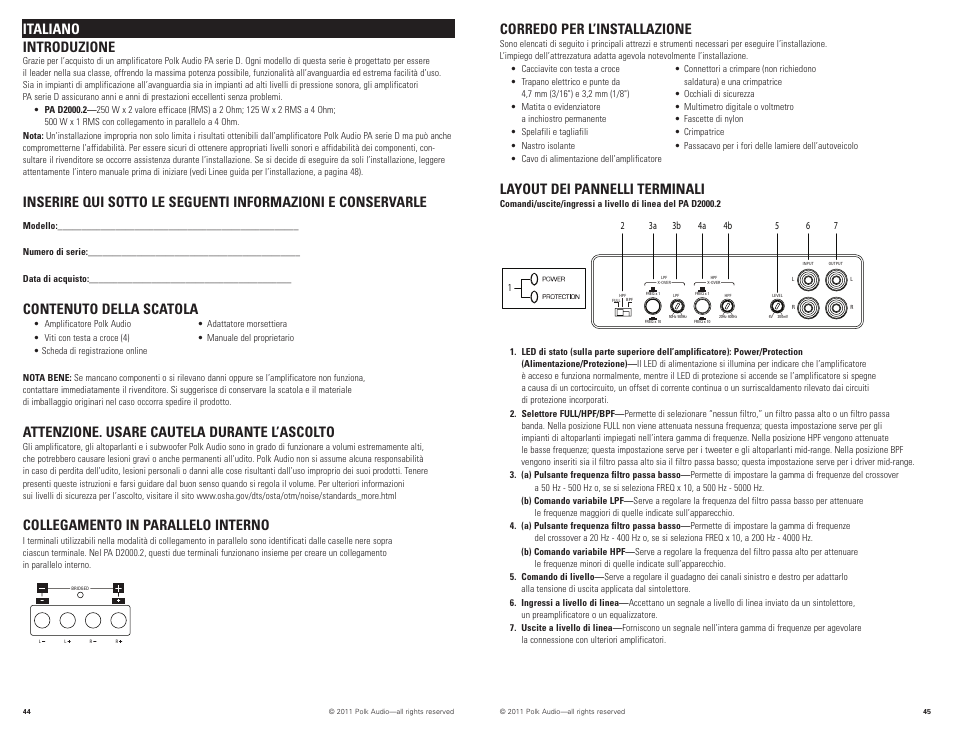 Corredo per l’installazione, Layout dei pannelli terminali, Italiano introduzione | Contenuto della scatola, Attenzione. usare cautela durante l’ascolto, Collegamento in parallelo interno | Polk Audio PAD2000.2 User Manual | Page 23 / 32