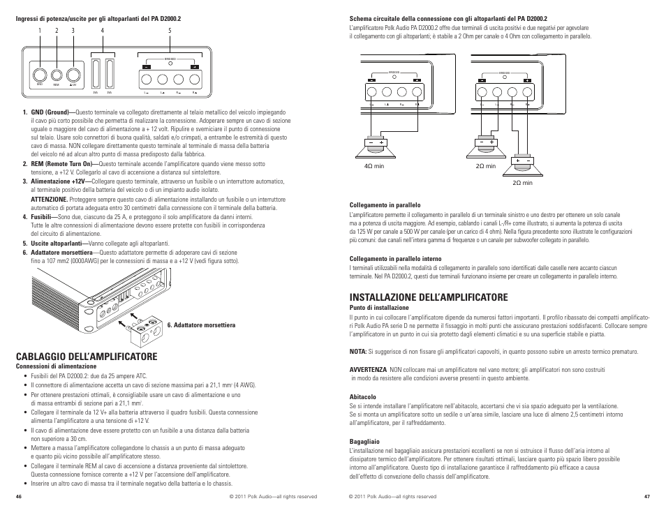 Installazione dell’amplificatore, Cablaggio dell’amplificatore | Polk Audio PAD2000.2 User Manual | Page 24 / 32