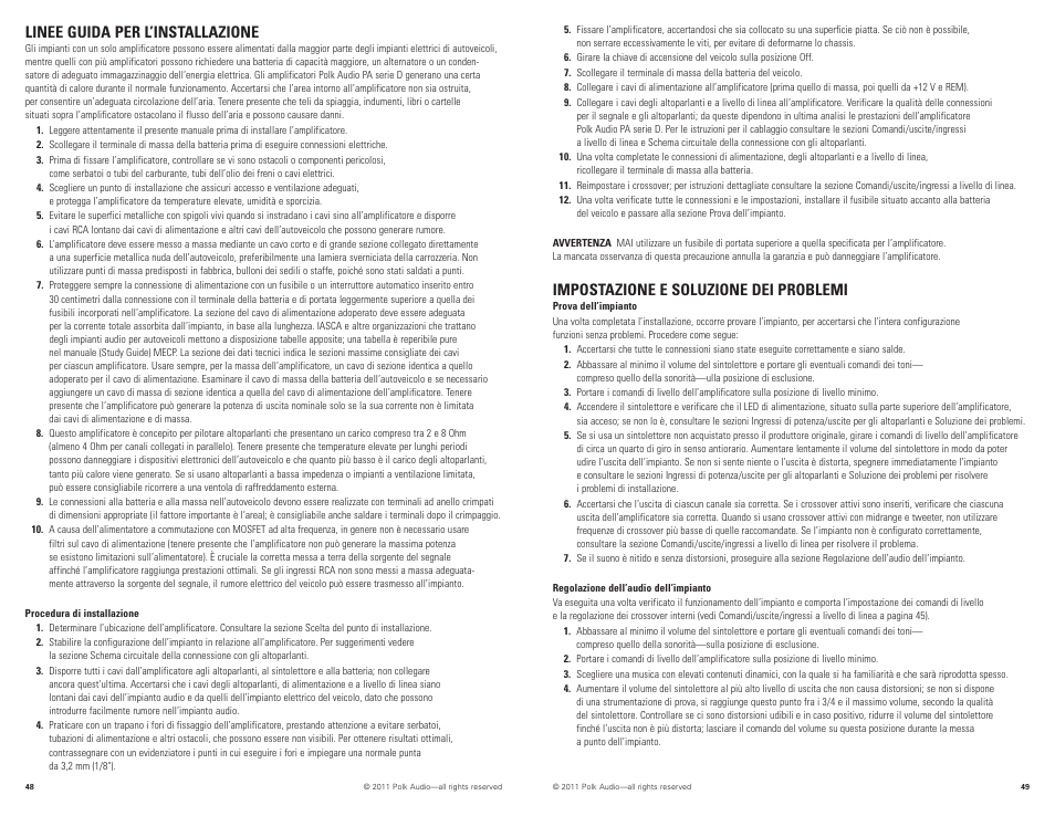 Impostazione e soluzione dei problemi, Linee guida per l’installazione | Polk Audio PAD2000.2 User Manual | Page 25 / 32