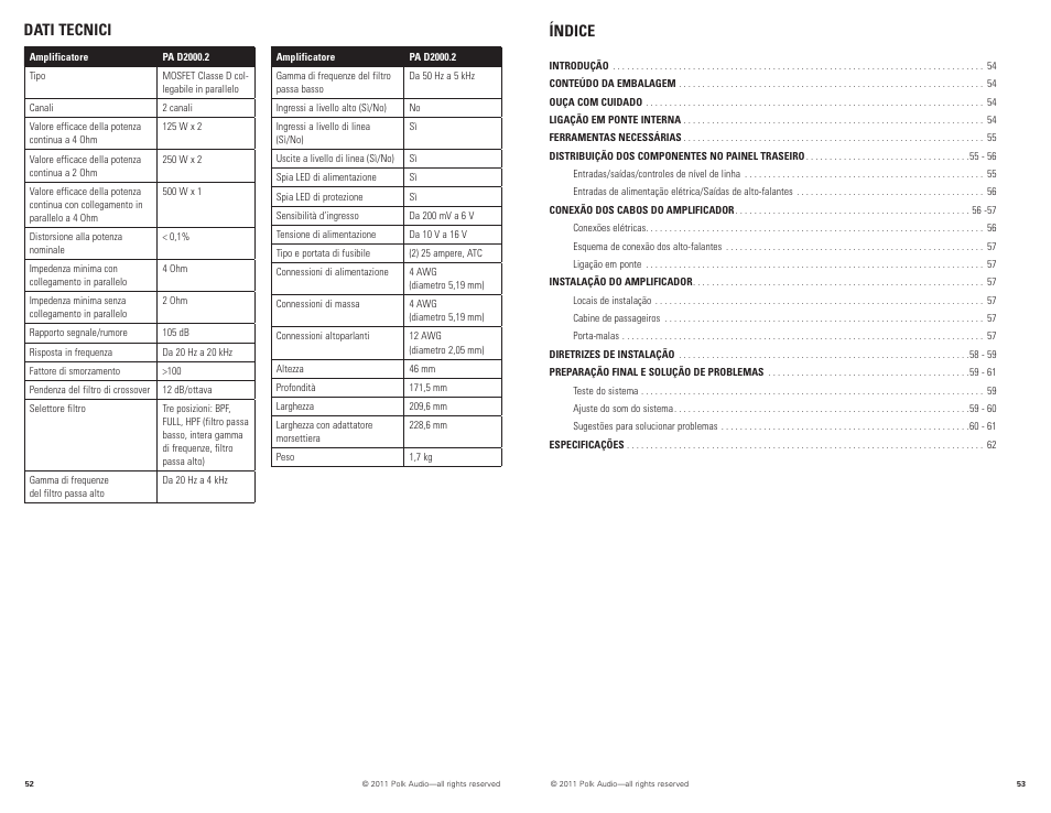Dati tecnici índice | Polk Audio PAD2000.2 User Manual | Page 27 / 32