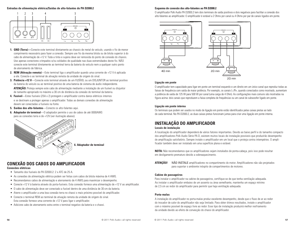 Instalação do amplificador, Conexão dos cabos do amplificador | Polk Audio PAD2000.2 User Manual | Page 29 / 32