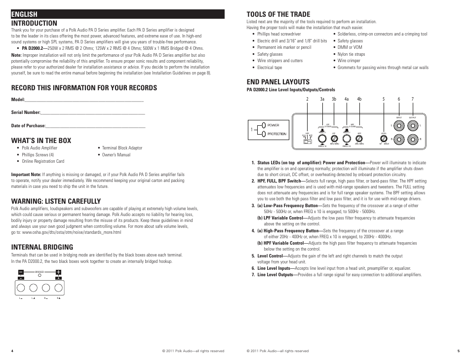 English introduction, Record this information for your records, What’s in the box | Warning: listen carefully, Internal bridging, Tools of the trade, End panel layouts | Polk Audio PAD2000.2 User Manual | Page 3 / 32