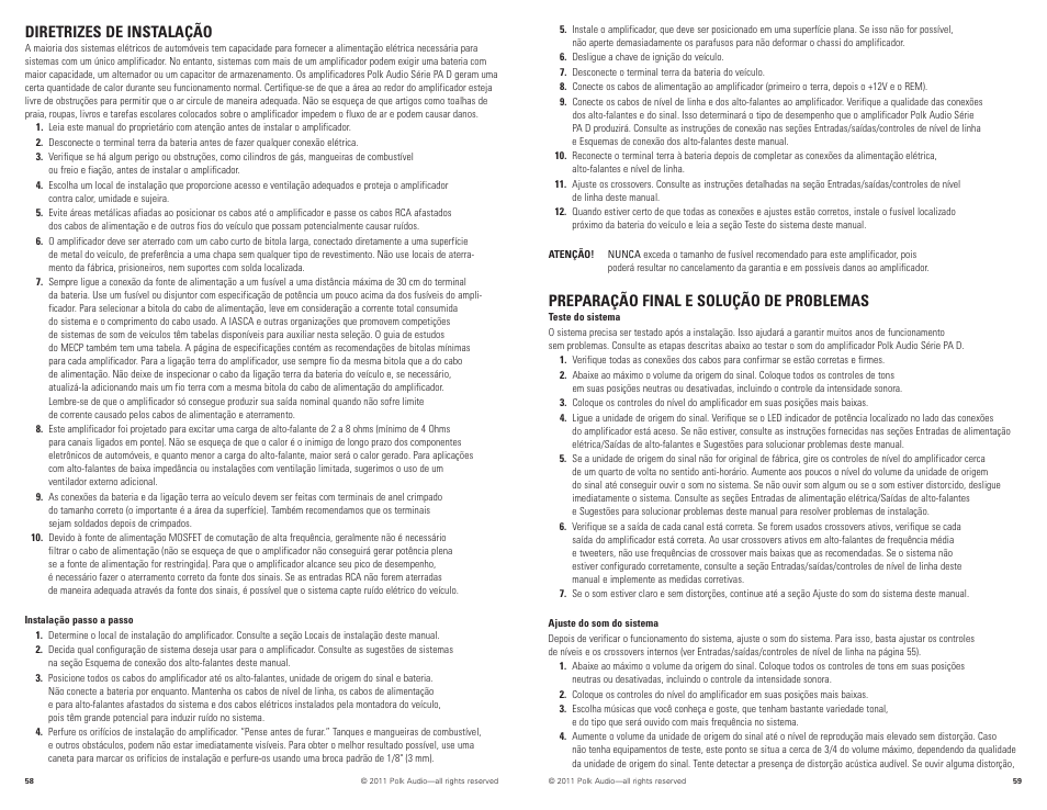 Preparação final e solução de problemas, Diretrizes de instalação | Polk Audio PAD2000.2 User Manual | Page 30 / 32