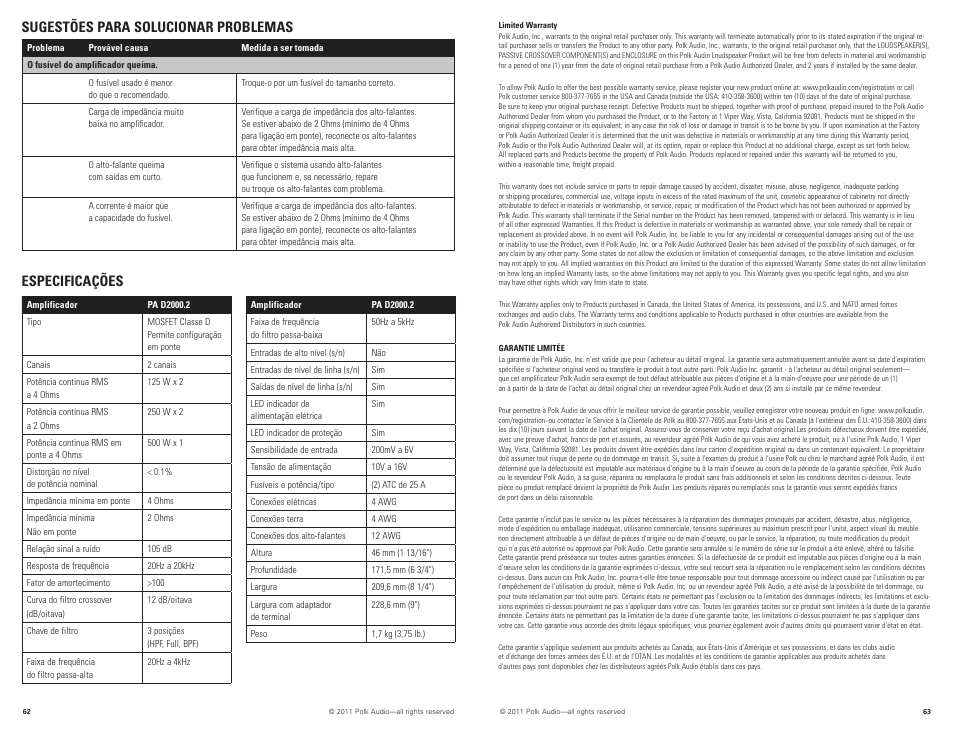 Especificações, Sugestões para solucionar problemas | Polk Audio PAD2000.2 User Manual | Page 32 / 32