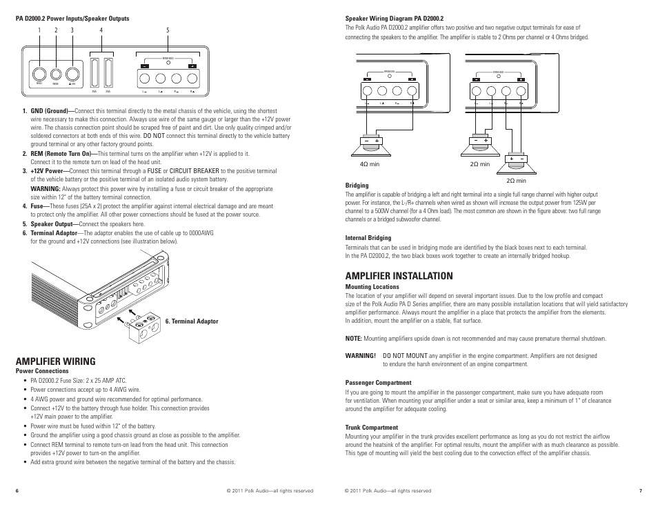 Amplifier wiring, Amplifier installation | Polk Audio PAD2000.2 User Manual | Page 4 / 32