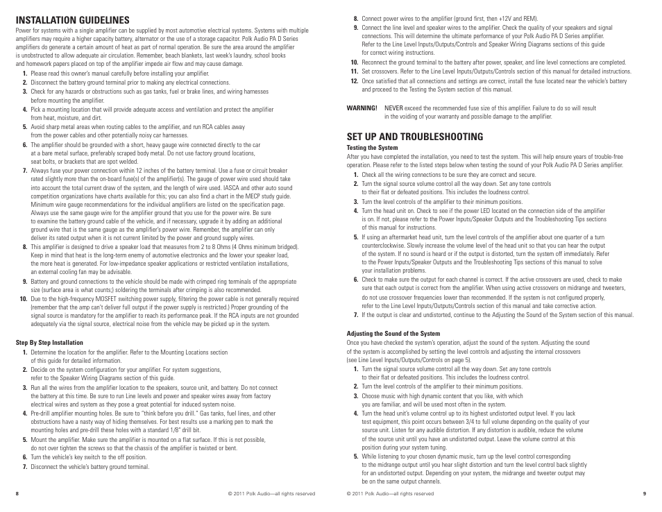 Installation guidelines, Set up and troubleshooting | Polk Audio PAD2000.2 User Manual | Page 5 / 32