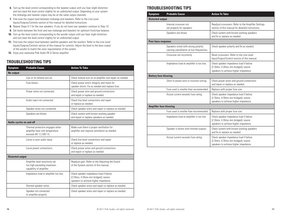 Troubleshooting tips | Polk Audio PAD2000.2 User Manual | Page 6 / 32