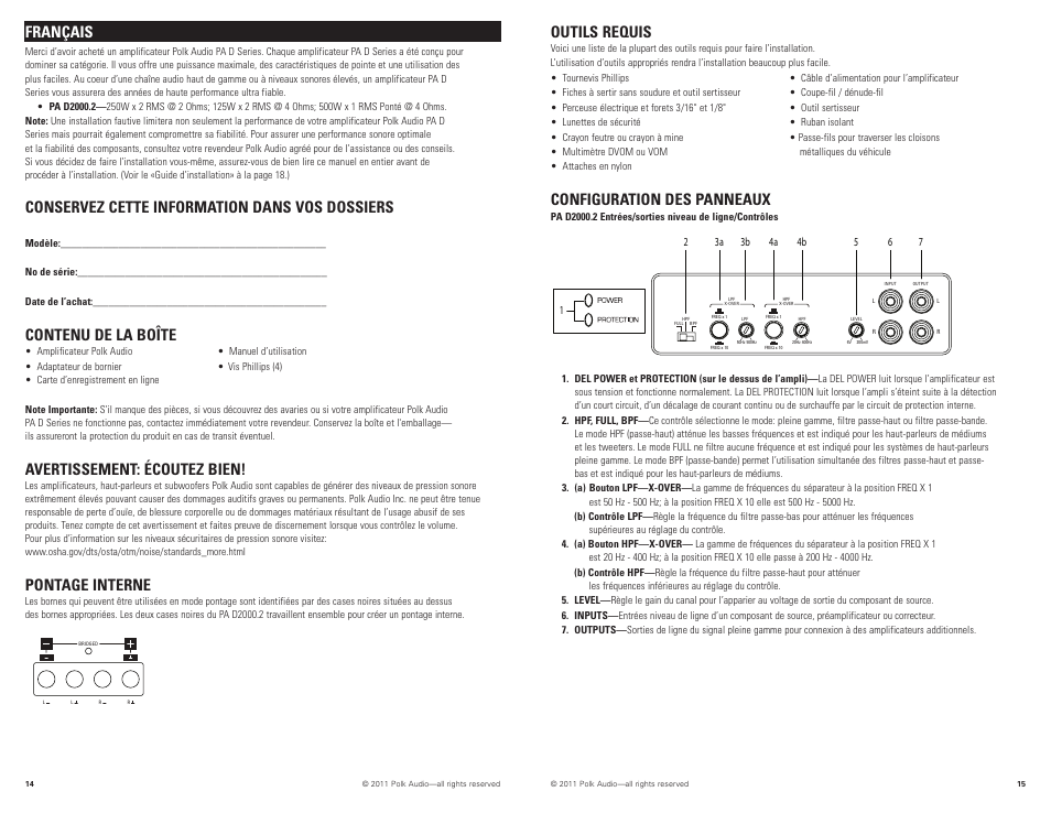 Outils requis, Configuration des panneaux, Français introduction | Conservez cette information dans vos dossiers, Contenu de la boîte, Avertissement: écoutez bien, Pontage interne | Polk Audio PAD2000.2 User Manual | Page 8 / 32