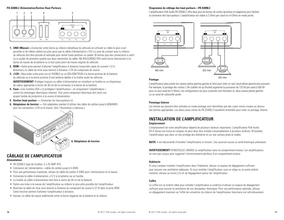 Installation de l’amplificateur, Câblage de l’amplificateur | Polk Audio PAD2000.2 User Manual | Page 9 / 32