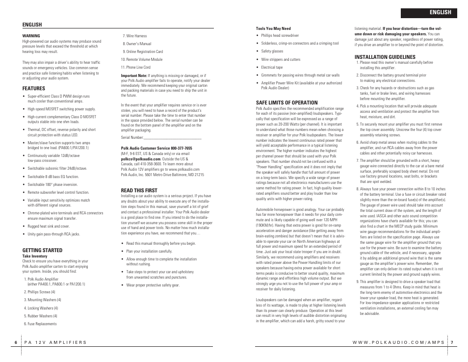 English | Polk Audio PA400.1 User Manual | Page 4 / 39