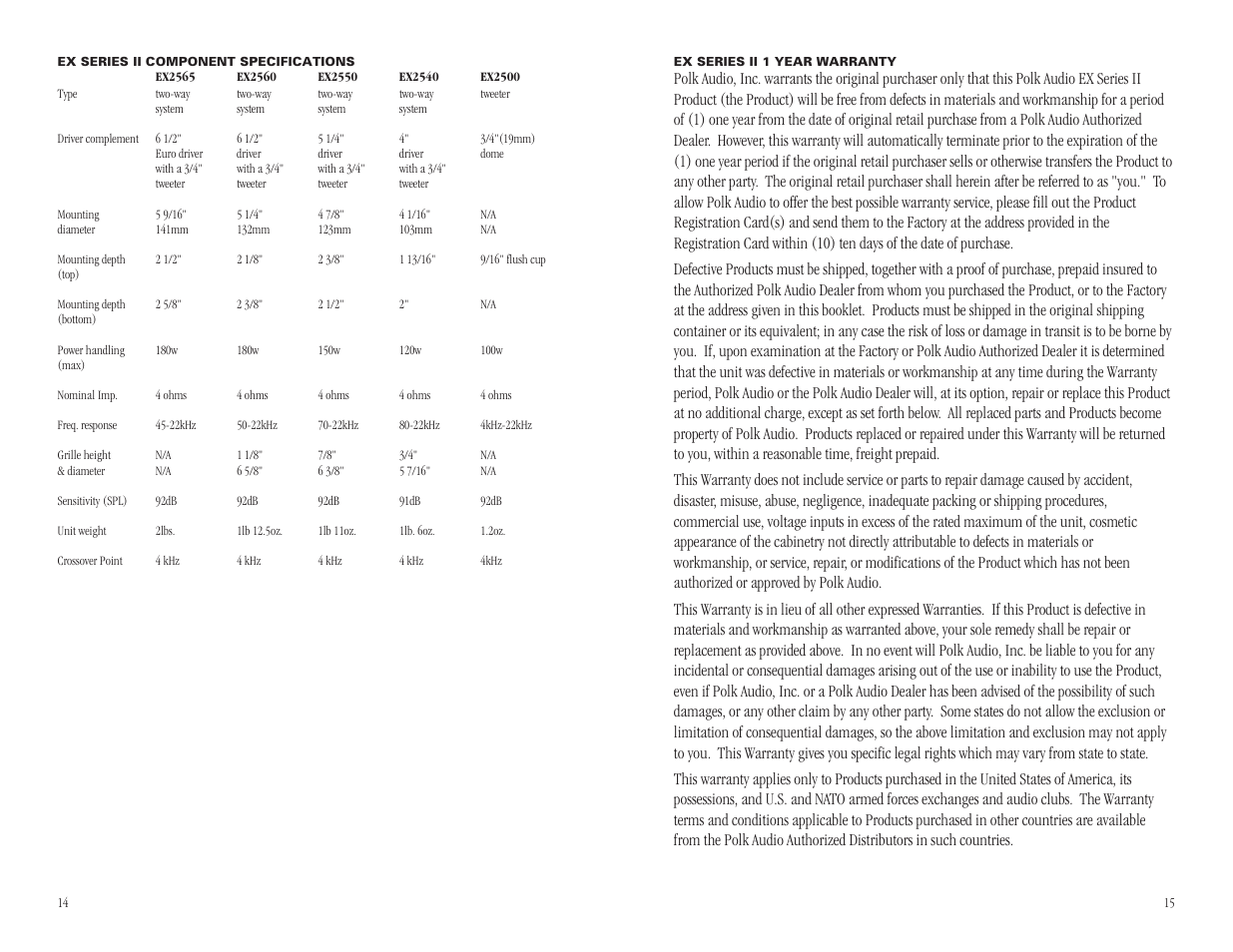 Polk Audio EX SERIES II User Manual | Page 8 / 8