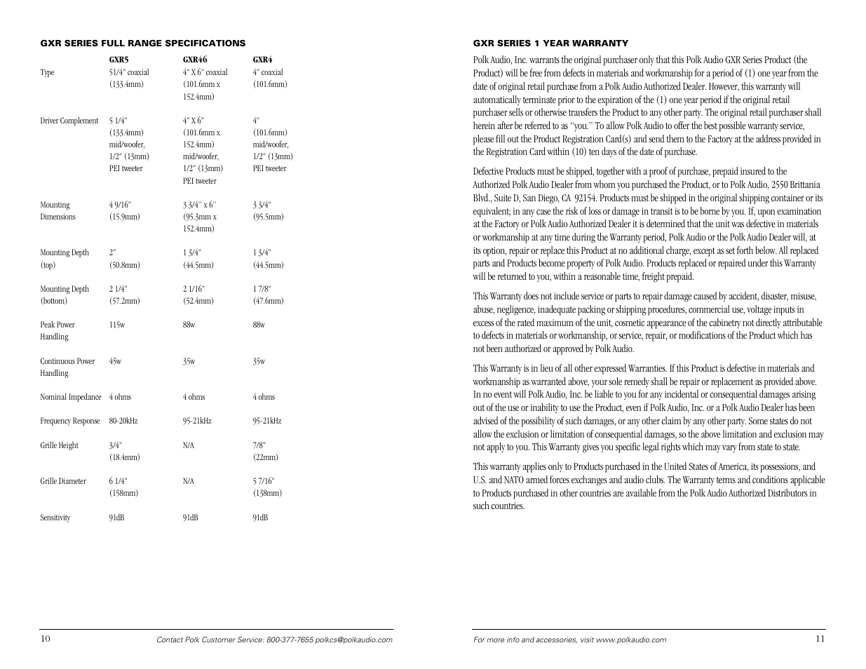 Polk Audio Full Range Loudspeakers GXR4 User Manual | Page 6 / 6