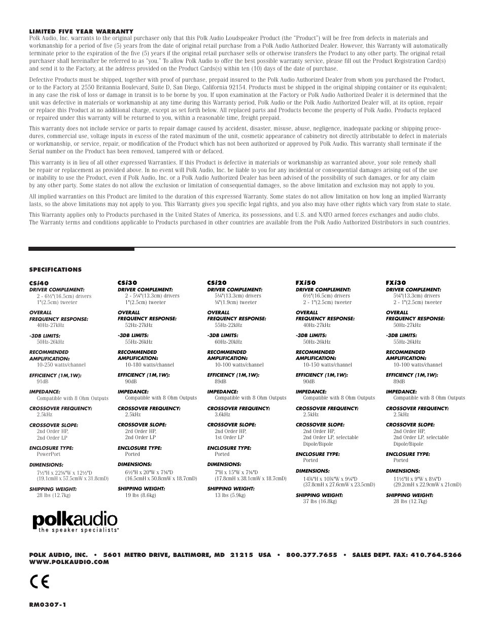 Polk Audio FXI30 User Manual | Page 8 / 8