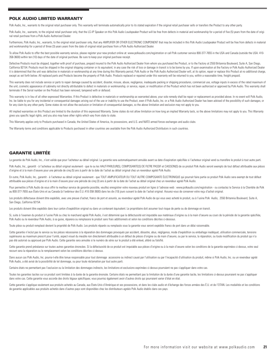 Polk Audio LCi-C User Manual | Page 21 / 22