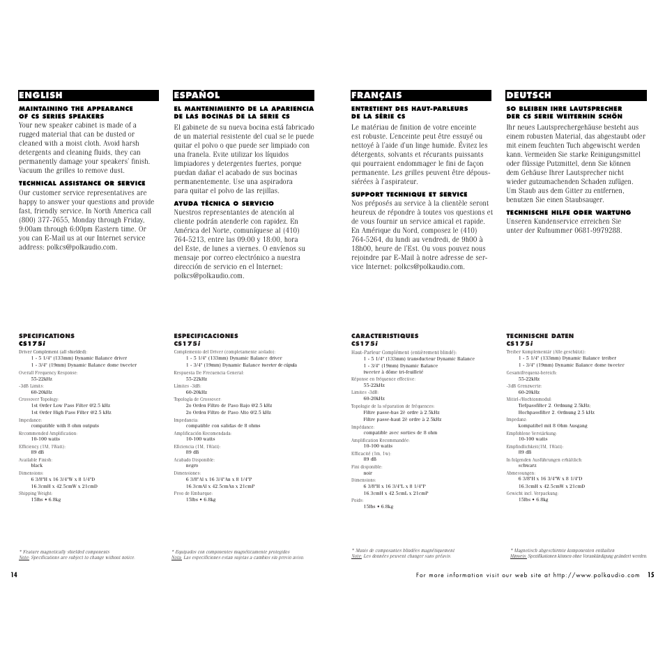English español français deutsch | Polk Audio CS 245i User Manual | Page 8 / 10